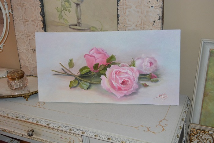 original canvas artwork shabby chic decor Rose flower oil painting pink green painting